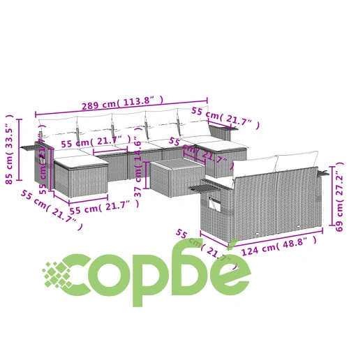 Градински комплект диван с възглавници 10 части сив полиратан ➤ топ цена ➤ sorbe.bg