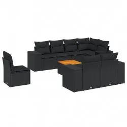 Градински комплект диван с възглавници 9 части черен полиратан