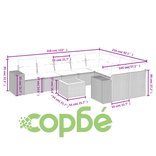 Градински комплект диван с възглавници 10 части черен полиратан ➤ топ цена ➤ sorbe.bg
