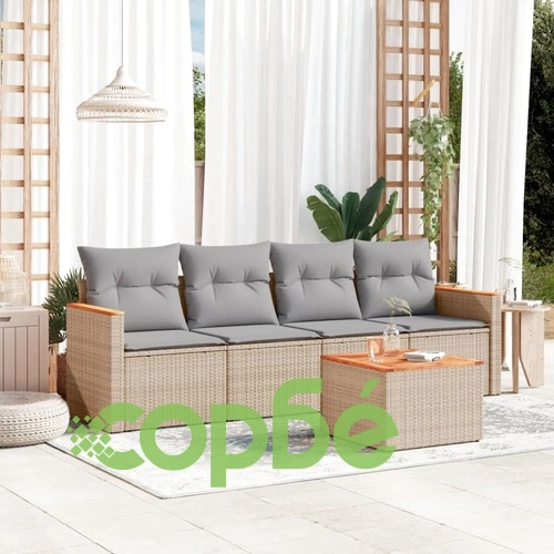 Градински комплект диван с възглавници 5 части бежов полиратан ➤ топ цена ➤ sorbe.bg