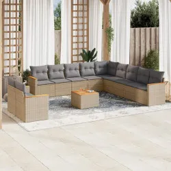 Градински диван с възглавници, 12 части, бежов полиратан