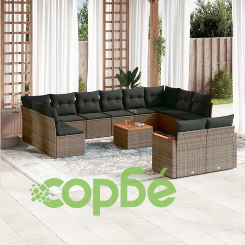 Градински комплект диван с възглавници 13 части сив полиратан ➤ топ цена ➤ sorbe.bg