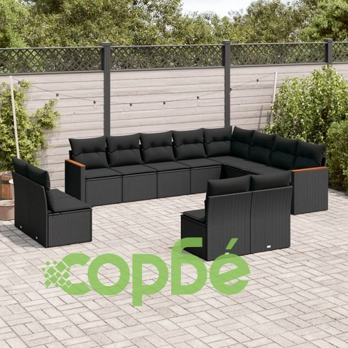 Градински диван с възглавници, 12 части, черен, полиратан ➤ топ цена ➤ sorbe.bg
