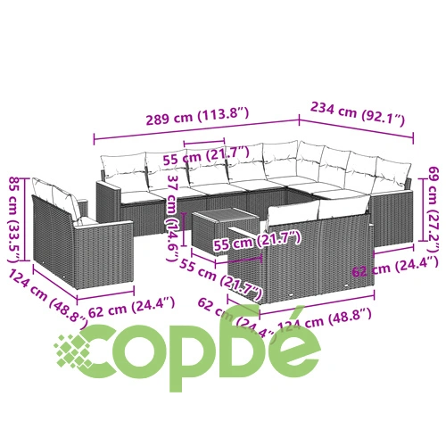 Градински диван с възглавници, 13 части, черен, полиратан ➤ топ цена ➤ sorbe.bg