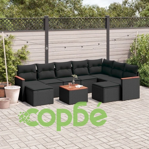Градински комплект диван с възглавници 10 части черен полиратан ➤ топ цена ➤ sorbe.bg