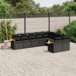 Градински комплект диван с възглавници 9 части черен полиратан