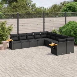 Градински комплект диван с възглавници 10 части черен полиратан