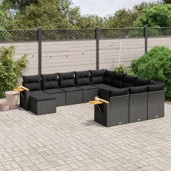 Градински комплект диван с възглавници 11 части черен полиратан