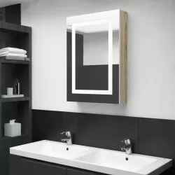 LED шкаф с огледало за баня, бяло и цвят дъб, 50x13x70 см