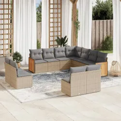 Градински диван с възглавници, 11 части, бежов полиратан
