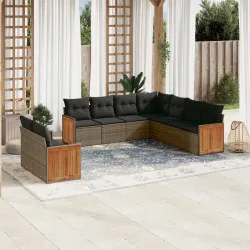 Градински комплект диван с възглавници 9 части сив полиратан