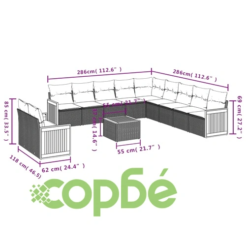 Градински диван с възглавници, 12 части, бежов полиратан ➤ топ цена ➤ sorbe.bg