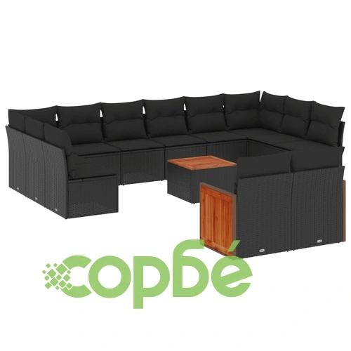 Градински диван с възглавници, 13 части, черен, полиратан ➤ топ цена ➤ sorbe.bg