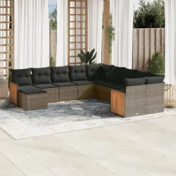 Градински комплект диван с възглавници 11 части сив полиратан
