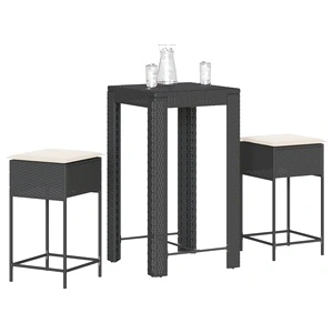 Градински бар комплект от 3 части с възглавници черен полиратан