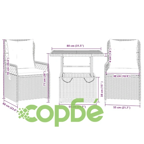 Градински трапезен комплект 3 части с възглавници сив полиратан ➤ топ цена ➤ sorbe.bg