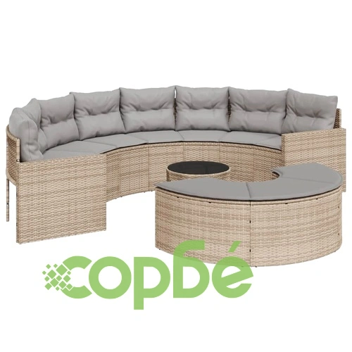 Градински диван от 3 части полукръгъл бежов полиратан ➤ топ цена ➤ sorbe.bg