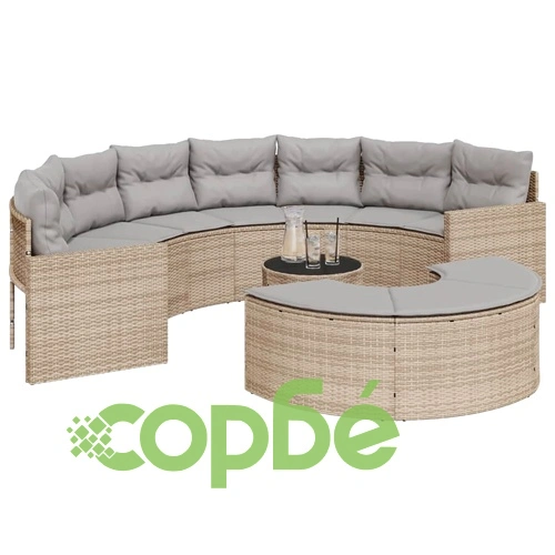 Градински диван от 3 части полукръгъл бежов полиратан ➤ топ цена ➤ sorbe.bg