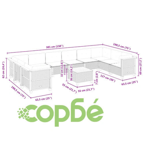 Градински комплект диван с възглавници 11 части сив полиратан ➤ топ цена ➤ sorbe.bg
