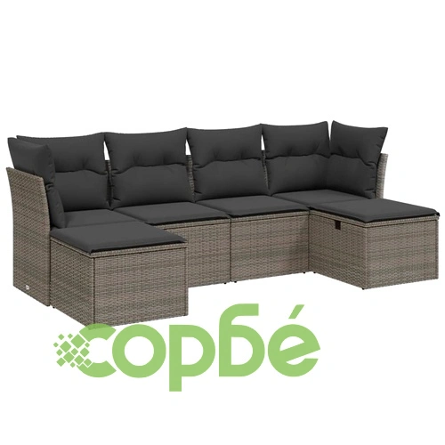 Градински диван с възглавници, 6 части, полиратан, сив ➤ топ цена ➤ sorbe.bg