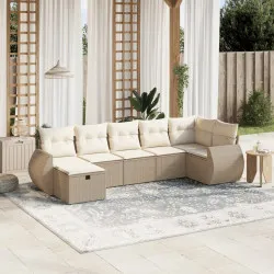 Градински диван с възглавници, 7 части, бежов полиратан