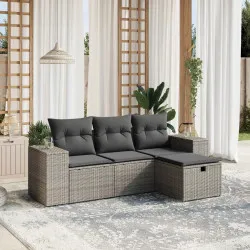 Градински диван с възглавници от 4 части сив полиратан