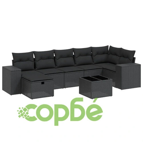 Градински комплект диван с възглавници 8 части черен полиратан ➤ топ цена ➤ sorbe.bg