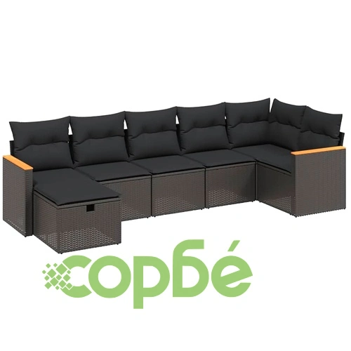 Градински комплект диван с възглавници 7 части черен полиратан ➤ топ цена ➤ sorbe.bg