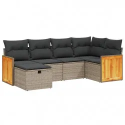 Градински диван с възглавници, 6 части, полиратан, сив