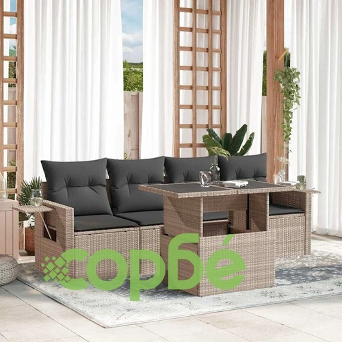 Градински комплект с възглавници, 5 части, светлосив полиратан ➤ топ цена ➤ sorbe.bg