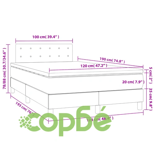 Боксспринг легло с матрак и LED, светлосиво, 120x190 см, плат ➤ топ цена ➤ sorbe.bg