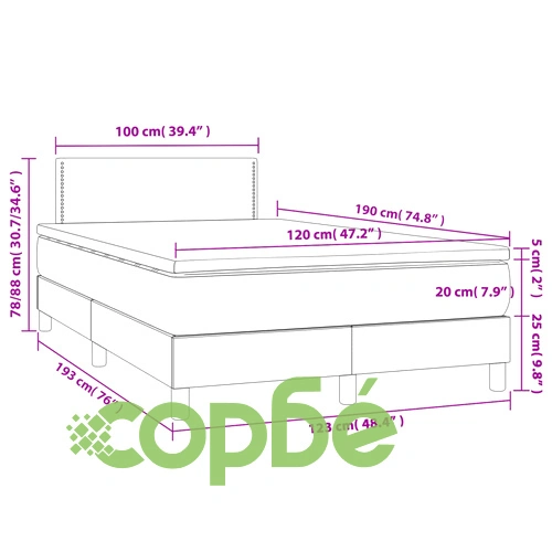 Боксспринг легло с матрак и LED, светлосиво, 120x190 см, плат ➤ топ цена ➤ sorbe.bg