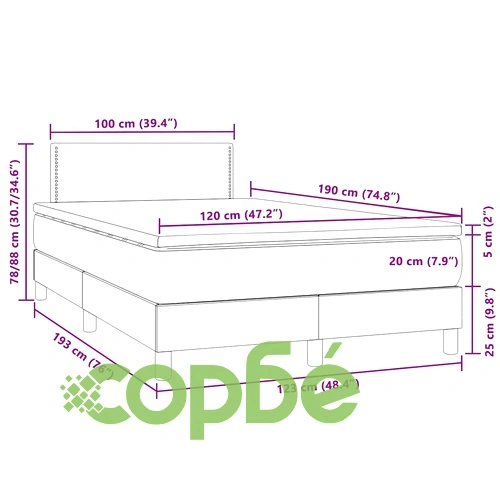 Боксспринг легло с матрак и LED, светлосиво, 120x190 см, кадифе ➤ топ цена ➤ sorbe.bg