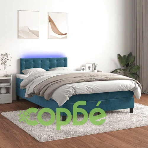 Боксспринг легло с матрак и LED, тъмносиньо, 120x190 см, кадифе ➤ топ цена ➤ sorbe.bg