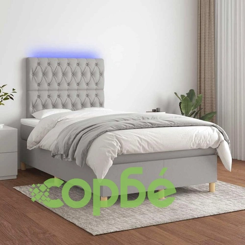 Боксспринг легло с матрак и LED, светлосиво, 120x190 см, плат ➤ топ цена ➤ sorbe.bg