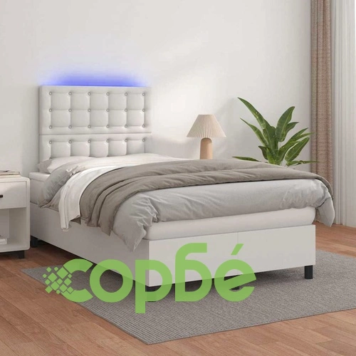 Боксспринг легло с матрак и LED бяло 120x190 см изкуствена кожа  ➤ топ цена ➤ sorbe.bg