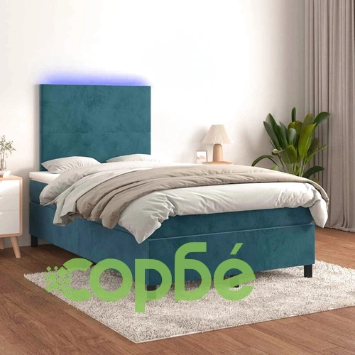 Боксспринг легло с матрак и LED, тъмносиньо, 120x190 см, кадифе ➤ топ цена ➤ sorbe.bg