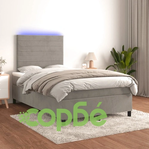 Боксспринг легло с матрак и LED, светлосиво, 120x190 см, кадифе ➤ топ цена ➤ sorbe.bg