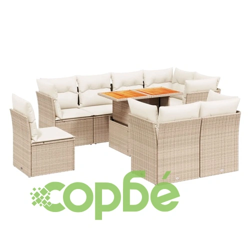 Градински комплект диван с възглавници 9 части бежов полиратан ➤ топ цена ➤ sorbe.bg