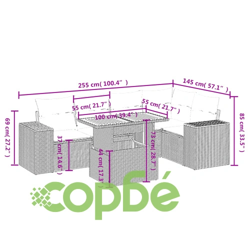 Градински диван с възглавници, 6 части, черен, полиратан ➤ топ цена ➤ sorbe.bg