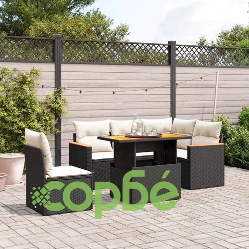 Градински диван с възглавници, 6 части, черен, полиратан ➤ топ цена ➤ sorbe.bg