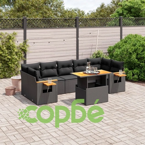 Градински комплект диван с възглавници 8 части черен полиратан ➤ топ цена ➤ sorbe.bg