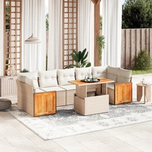 Градински диван с възглавници, 8 части, бежов полиратан