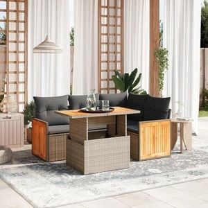 Градински комплект с възглавници, 5 части, сив полиратан