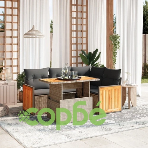 Градински комплект с възглавници, 5 части, сив полиратан ➤ топ цена ➤ sorbe.bg