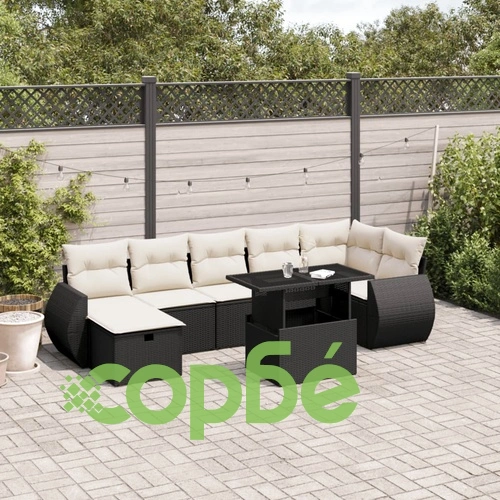 Градински комплект диван с възглавници 8 части черен полиратан ➤ топ цена ➤ sorbe.bg