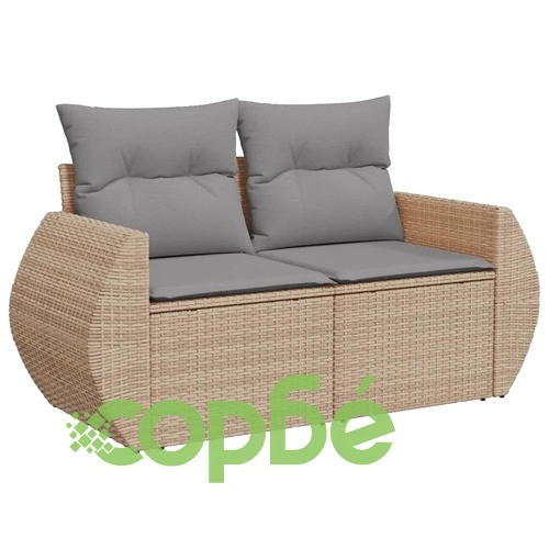 Градински диван с възглавници, 8 части, бежов полиратан ➤ топ цена ➤ sorbe.bg
