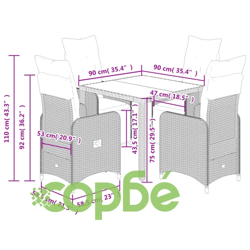 Градински бистро комплект с възглавници 5 части кафяв полиратан ➤ топ цена ➤ sorbe.bg
