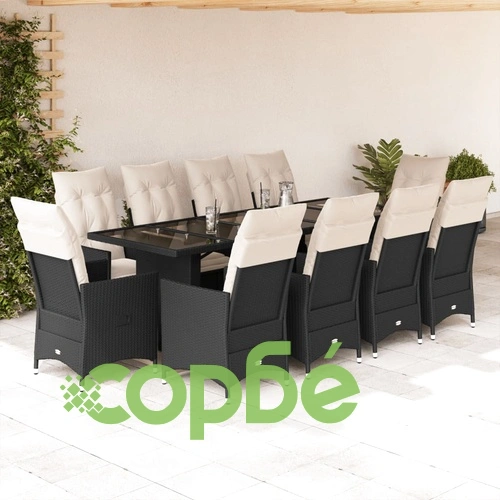 Градински бистро комплект с възглавници 11части черен полиратан ➤ топ цена ➤ sorbe.bg