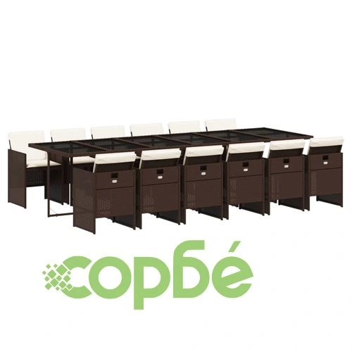 Външен трапезен комплект 13 части с възглавници кафяв полиратан ➤ топ цена ➤ sorbe.bg
